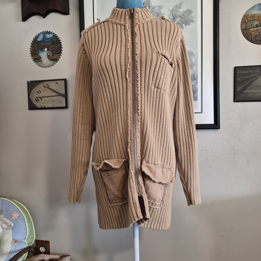 ​Next Brand Tan Ribbed Full Zip Cotton Cardigan Sweater XL